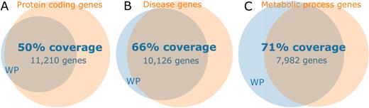 Overview of coverage of various gene spaces. WikiPathways (WP) currently covers 11 532 unique human genes. Venn diagram A shows that 50% of the protein coding genes (Ensembl: 22 376 genes) are found in WikiPathways. B shows the 66% coverage of all disease genes (OMIM: 15,262 genes), which also illustrates that the vast majority of genes in WikiPathways are associated with a disease. The C diagram shows that WikiPathways covers 71% of all genes known to be involved in human metabolism (GO metabolic process: 11 296 genes).