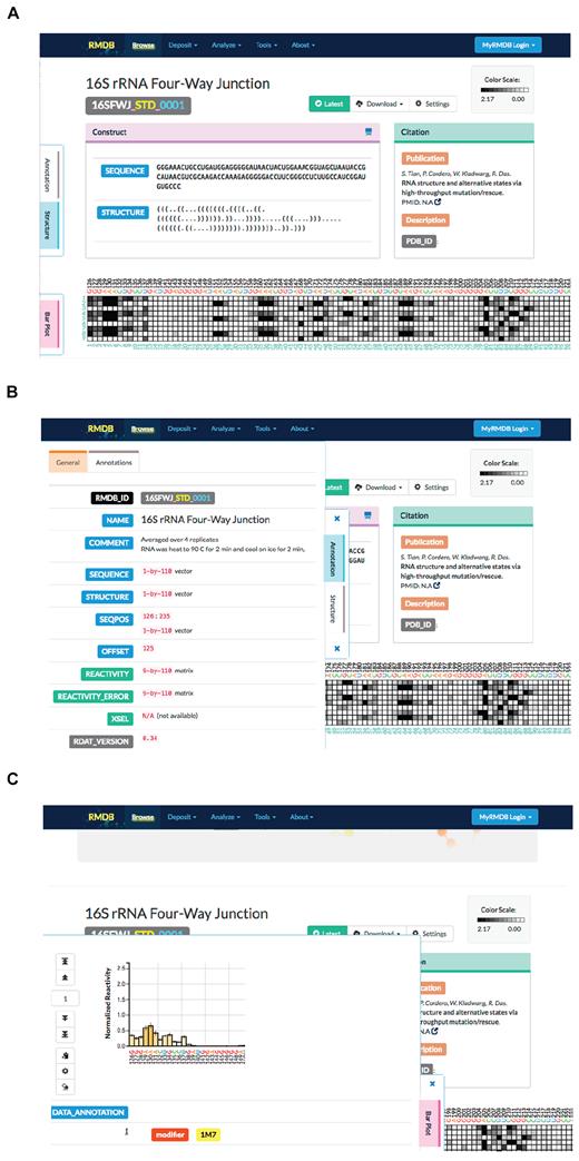 Screenshots of the new interactive user interface for viewing RMDB entries. (A) An example of an entry. (B) The left panel maximizes when clicked, giving additional data about the experimental conditions. (C) Clicking on a data point on the heat map opens a bar plot that gives more information about the surrounding data.