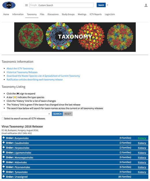 Taxonomy Web Page. A screen shot of the ICTV web page (http://ictv.global/virusTaxonomy.asp) that contains the taxonomy browser and search form.