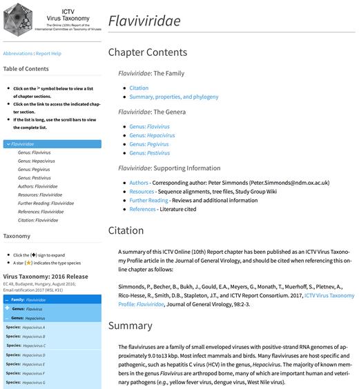 ICTV Report chapter. A screen shot of the web page depicting the Flaviviridae chapter of the ICTV Online (10th) Report (http://ictv.global/report/flaviviridae/).