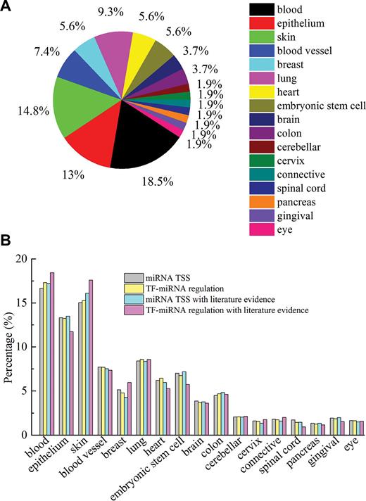 Statistics on the data in mirTrans. (A) Distribution of cell lines in 17 tissues; (B) distribution of miRNA TSSs, TF-miRNA regulations, miRNA TSSs with literature evidence, TF-miRNA regulations with literature evidence in 17 tissues.