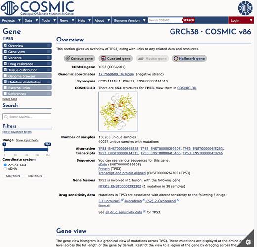 Pages showing data, such as the gene page, here shown for TP53, have been redesigned and restyled, with the page divided clearly into distinct sections.