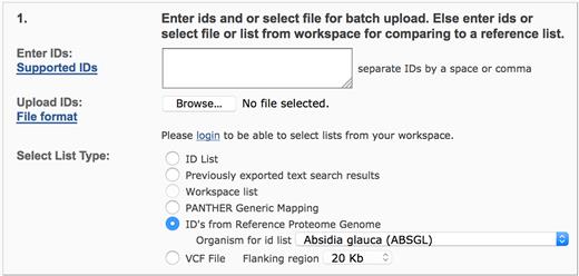 支持PANTHER基因列表分析工具中额外800多个基因组的用户界面。用户可以将其基因列表转换为UniProt ID列表，上传并选择列表类型为“来自参考蛋白质组基因组的ID”。然后在下拉菜单中选择有机体。