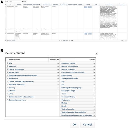 The Evidence details page. (A) The table displays details of each observation on each submitted record for the variant. (B) The column selector lets the submitter configure the columns the user wants to view.