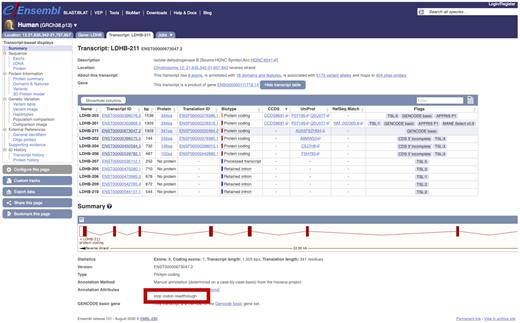 Screenshot from the Ensembl genome browser of the transcript view page for the gene LDHB, which contains a transcript (ENST00000673047, LDHB-211) with an annotated stop-codon readthrough event. The location of the annotation attribute flagging the stop-codon readthrough is highlighted by the red box.