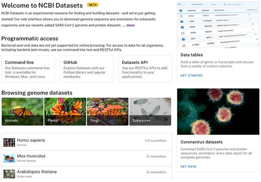 Landing page for the new NCBI Datasets product (https://www.ncbi.nlm.nih.gov/datasets/) that provides packaged downloads of genomic datasets using either a web interface, an API, or a UNIX/LINUX command-line tool.