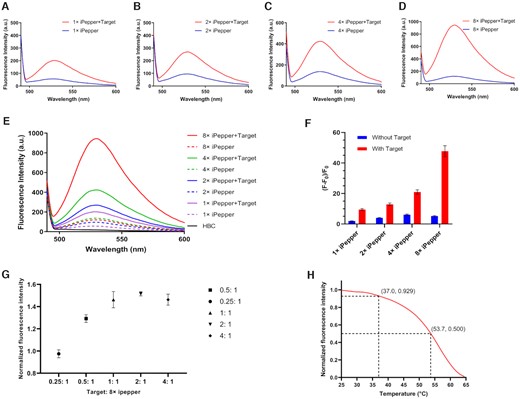 Characterization of iPepper tandem arrays. Fluorescence spectroscopy of 1× (A), 2× (B), 4× (C) and 8× iPepper (D) with and without target RNA (β-actin). (E) The collection of the above fluorescence spectrum. (F) Relative fluorescent intensity of different tandem arrays of iPepper (iPep-β-actin) aptamer with and without target RNA. Error bars are standard deviations in three repetitive assays. (G) Combination of 8× iPep-β-actin aptamer with target RNA. 8× iPep-β-actin aptamers were incubated with different ratios of target RNA. Fluorescence was measured after annealing. When target: 8× iPepper = 1:1, the fluorescence signal reaches the platform. The process was equipped with the FAM scanning channel. Error bars are standard deviations in three repetitive assays. (H) Temperature-dependence normalized fluorescence intensity of 8× iPep-β-actin aptamer and target RNA with 4 μM HBC. The fluorescence decreased to 7.1% and 50% of the initial value at 37.0°C and 53.7°C, respectively.