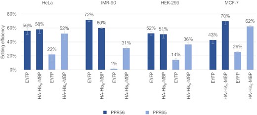 Exploring RNA editing in different human cell lines. To test for editing in different human cell lines, two selected constructs of RNA editing factors PPR56 and PPR65, each, in fusion with either the EYFP or the HA-His6-MBP-tag, which initially showed different frequencies of RNA editing in HeLa cells, were alternatively transfected into IMR-90, HEK-293 and MCF-7 cells. RNA editing efficiencies and standard deviations are shown for at least three replicates each. For a complete list of results from individual replicates see Supplementary Table 2.