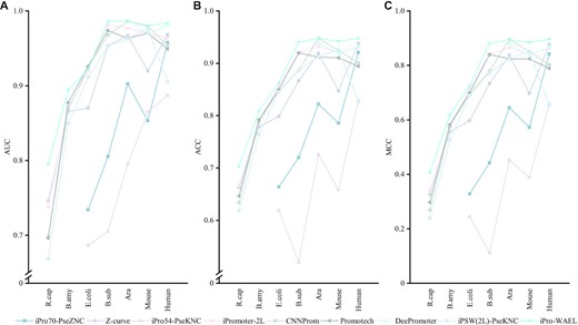 The performance evaluation of iPro-WAEL and other predictors on the seven species. (A–C) represent the AUC, ACC and MCC of the models, respectively. Discontinuous lines represent that the method cannot be applied to these datasets. Note that the performance of Human, Arabidopsis and Mouse are the average results of multiple datasets.