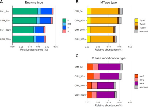 Relative abundance of genes encoding DNA restriction and modification enzymes in marine pelagic metagenomes. CDSs predicted from HiFi reads were used in this analysis. (A) Distribution of enzyme types: DNA methyltransferase (MTase; M), Restriction endonuclease (REase; R), protein fused with M and R domains (RM), and DNA sequence-recognition protein (S). (B) Distribution of MTase types. (C) Distribution of modification types.