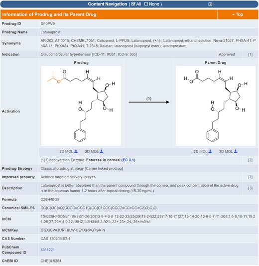 A typical page in TTD providing prodrug information. The structures of both prodrug and its parent drug are provided along with the bioconversion enzyme or condition. Structural variation between prodrug and parent drug is highlighted in orange. The strategy for prodrug design, and the enhancement in the pharmaceutical property from parent drug to its prodrug are also described.