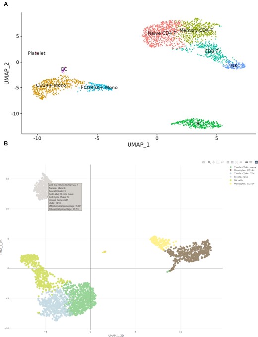 Comparison of cell clustering and annotation. ICARUS employs the Seurat clustering algorithm. Clustering outcome comparison between Seurat clustering tutorial vignette (A) and ICARUS (B) on a dataset of 2700 Human PBMCs. Cell cluster labelling in ICARUS by comparison of cluster marker genes to the Database of Immune Cell Expression.