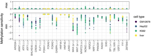 Methylation within binding motifs is mostly detrimental in models with significantly and consistently improved prediction performance (cf. Figures 2 and 3). For each TF and each data set, we record the profiles of methylation sensitivity as shown in Figure 4. We aggregate this profile to two values per data set by computing the minimum and maximum value of methylation sensitivity, which captures the range of values observed in the profile. Here, we plot these maximum and minimum values of methylation sensitivity across all training data sets. We observe a large amplitude of negative values for the minimum (i.e., methylated DNA being disfavored) but only slightly positive values for the maximum, indicating that—according to the models—DNA methylation is detrimental for the majority of TFs. Methylation sensitivity of TFs according to the literature is given in parentheses (if present), and the corresponding references are given in Table 2.