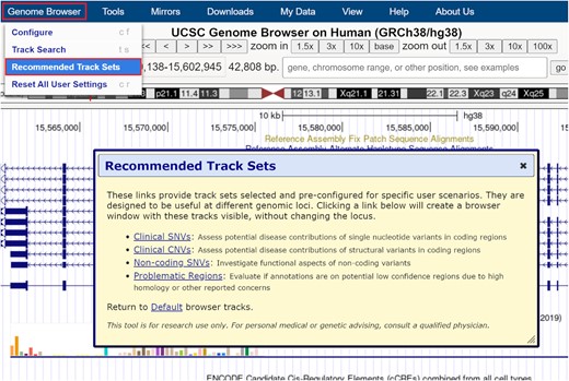 Recommended Track Sets available for hg38 in the Genome Browser menu (Genome Browser → Recommended Track Sets).