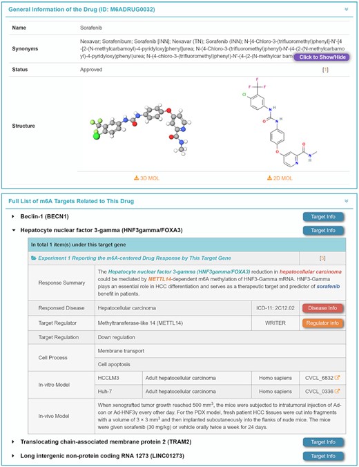 A typical page describing the m6A-centered regulations of drug responses. General information on the drug and its m6A targets are shown. For each target, the experimentally validated mechanisms are explicitly described. The regulation data are linked to their cell line or animal models, and extended information (such as each involved disease, target gene and regulated pathway) can also be retrieved by clicking the corresponding differently colored buttons.