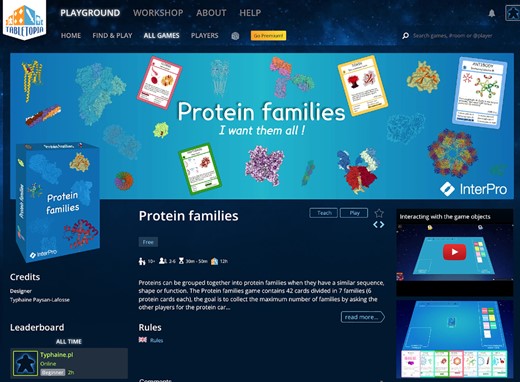 Tabletopia中的蛋白质家庭游戏登录页。