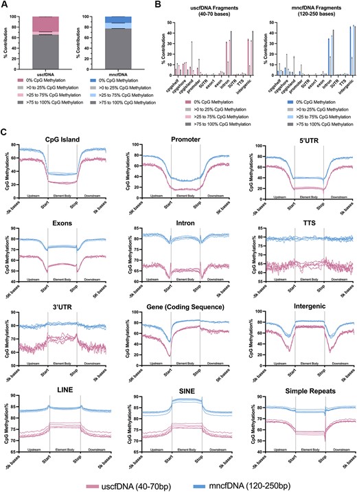 CpG methylation patterns differ between uscfDNA and mncfDNA fragments. (A) Differences in the percent composition of different methylated CpG read categories between uscfDNA and mncfDNA fragments. (B) Percent composition of select genomic elements of different methylated read categories along select elements of the typical gene structure. (C) The average CpG methylation% patterns from 5000 bases upstream and 5000 bases downstream from the body of the element for uscfDNA and mncfDNA-sized reads. Lines show five separate non-cancer samples processed with the 5mCAdpBS-Seq protocol.