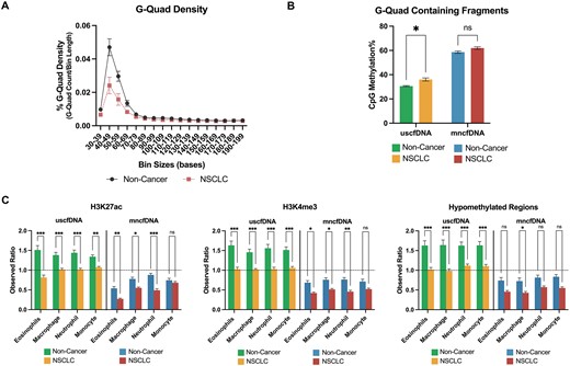 G-Quad methylation% and epigenetic mark overlap% are potential NSCLC biomarkers. (A) G-Quad density was decreased in the uscfDNA regions (40–70 bases) in NSCLC. (B) CpG methylation% significantly increased in G-Quad-containing fragments in uscfDNA. (C) Normalized percent of intersecting bases for three epigenetic marks (H3K27ac, H3K4me3 and hypomethylated regions) decreased in NSCLC samples in uscfDNA and mncfDNA bins. Observed ratio (% of intersecting bases in bed file to % intersecting bases in randomly shuffled control bed files) for each epigenetic mark for uscfDNA and mncfDNA bins. The horizontal dotted line represents the observed ratio of 1.0. Data are presented as the mean and SEM of five paired non-cancer and four NSCLC plasma samples. * P< 0.05, ** P< 0.01, *** P< 0.001, Student t-test (B) and Tukey's multiple comparison test after two-way ANOVA (C).