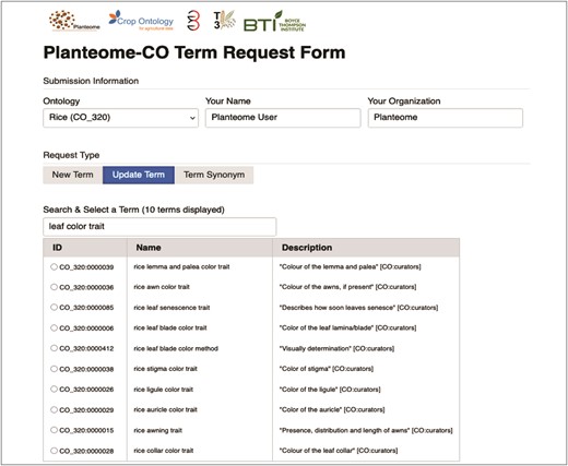 Planteome-CO term request form. Curators or ontology users can submit requests or suggest changes to any 29 Crop Ontologies (CO) hosted on the Planteome GitHub. If one of the eleven CO integrated into the Planteome is selected, the ten closest term matches are displayed when 'Update Term' is selected.