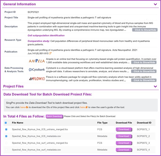 A typical SingPro page describing the general information of a single-cell proteomics study. The information of each study & dataset is explicitly provided in the upper section, which includes: project ID, project title, description, research type, sample type (single-cell/small-cell-population), reference and external linkage of well-established data processing & analysis tools. Project files are established in the following section, including: file type, download linkage (for instant download of individual file), download ID and the corresponding staining panel. The user can select the desired file(s) in the checkbox and click ‘Package Download’ to activate the batch download. For user who want to batch download the files from different studies, a data download tool is also provided for enabling the download of multiple files from various studies.