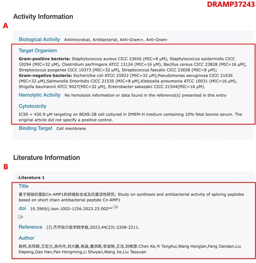 The page of entry DRAMP37243 in the expanded AMPs dataset. (A) Screenshot of the activity information section, all the activity data have been translated into English. (B) Screenshot of the literature information, since Chinese literature generally does not have PubMed_ID, in this section, we only provide information such as article titles and authors in both Chinese and English.