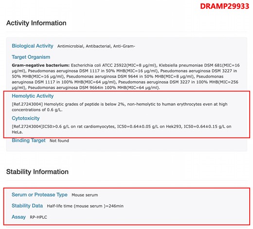 The page of entry DRAMP29933 in the stability dataset, the AMP’s stability is determined by RP-HPLC (Reverse Phase High Performance Liquid Chromatography) in mouse serum, and the half-life is 246 min.