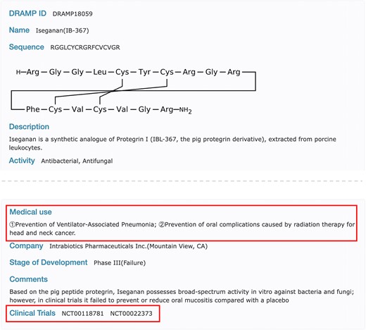 Screenshot of the detailed page of DRAMP18059 in the clinical dataset, where the red box represents newly added or modified content.