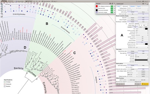 iTOL’s user interface. A phylogenetic tree annotated with several datasets is displayed, highlighting several new features. (A) The main control panel has been streamlined, and allows quick access to a larger set of parameters and functions. (B) The new ‘Colored/labeled ranges’ dataset type can be visualized as standard color filled shapes, or as various types of brackets. Each range can be separately labeled, with precise positioning of the label relative to the range shape. Gradient color fills and individual border styles can be defined for each range. (C) Multiple font styles can be mixed within the tree labels. Styles can be simply defined and applied interactively through the new label style creator. (D) Metadata and other branch labels can have custom backgrounds and their position can be fine-tuned relative to the branch. Leaves and internal tree nodes can be marked with custom shapes with user defined colors and borders.