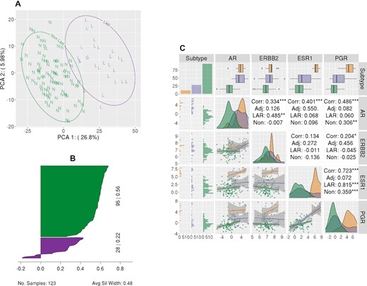 LAR-Sig signature from the TNBC dataset. (A) Principal component analysis of the 1067 genes correlated with AR expression, depicting the separation of the LAR cohort. LAR samples are circled and indicated with a purple ‘L’, while non-LAR samples are circled and indicated with a green ‘N’. (B) Silhouette plot of the 426 differentially expressed genes (Bonferroni corrected and |logFC| > 2). Clusters have demonstrated significance, with average silhouette width of 0.48. (C) A pairs plot depicting the relationship of the expression levels for the HR genes, including AR. We observe that AR expression among the LAR samples is elevated with respect to the non-LAR samples; however, the expression is not increased with respect to adjacent normal tissue from TNBC patients. There is a notable positive correlation between ERBB2 expression and AR expression among the LAR samples, while AR expression has a stronger positive correlation with ESR1 expression among normal adjacent tissues.