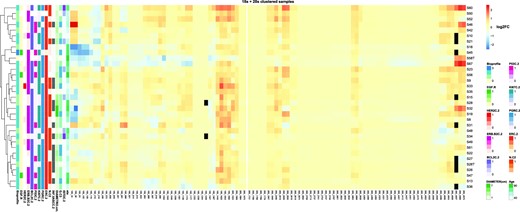Hierarchical clustering of samples on log2 fold-change of known 18S and 28S rRNA pseudouridine positions. The figure shows the log2FC of pseudouridine modification levels between tumor samples and the reference RNA samples. Black cells indicate positions for which a quantification of the modification level in that sample was not attainable. Clinical features of the tumor samples are shown on the left side, with the white colour representing unavailable information. Samples hierarchical clustering is presented on the left side.