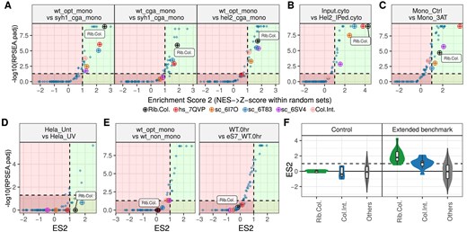 Benchmarking results for dricARF. In our analyses with various Ribo-seq datasets (A–D), collision-associated sets are among the top enriched across comparisons expected to have an abundance change in ribosome collisions. In these plots, axes represent the enrichment scores ES2 and RPSEA.padj, with higher values indicating stronger predictions. Dashed lines indicate the default dricARF thresholds for enrichment tests, with suggested high-confidence regions on the right of the dashed vertical line (highlighted in green) and low-confidence regions on the opposite side (highlighted in red). Each point represents the enrichment result for a different rRNA position set, whether it is collision- or heterogeneity-associated. (E) Collision predictions are below the threshold levels across two example control comparisons where collision abundances are not expected to change. (F) Violin plots show the distribution of ES2 prediction scores across all extended benchmark and control comparisons. Values are given separately for Rib.Col. and Col.Int. rRNA position sets, whereas all heterogeneity-related prediction scores are given together (Others).