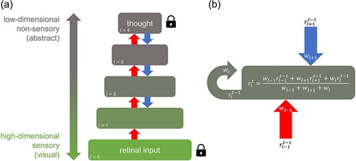 A hierarchical network modelling interference between externally and internally generated stimuli
