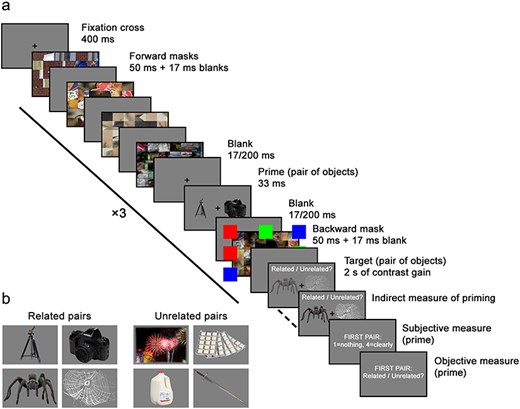 Example stimuli and trial procedure in Experiments 1–2. (a) Trial procedure for Experiments 1–2. The only difference between the conscious (Experiment 1) and the unconscious (Experiment 2) conditions was the Stimulus-Onset-Asynchrony (SOA) between the prime and following mask, which were 200 ms for the conscious condition or 17 ms for the unconscious one. (b) Example stimuli. Left: two pairs with associative relations (Related pairs). Right: two pairs without any relation (Unrelated pairs). We note that the actual stimuli used in the experiments were copyrighted and therefore replaced in this figure by equivalent images.