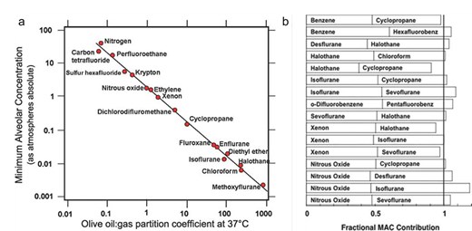 Anesthetic properties suggesting a common “unitary” molecular target. (a) The Meyer–Overton correlation for inhalational anesthetics. The effective dose (vertical axis) is predicted by solubility in olive oil (horizontal axis), suggesting a weak physical interaction at an evolutionarily conserved lipophilic target, rather than chemical lock-and-key binding. (b) Additivity of effective doses (of “MACs”). One-half the effective dose of one anesthetic plus one-half the effective dose of another anesthetic equals one effective dose, even when the two anesthetics have very different effects on a particular ion channel, arguing against ion channels as the primary functional target of inhalational anesthetics. Figure reproduced from Eger et al. (2008) with permission from Wolters Kluwer Health, Inc. The Creative Commons license does not apply to this content.