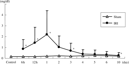 Plasma concentrations of creatinine. Creatinine was significantly elevated in IRI rats. Data are given as means ± SD. *P<0.01 compared with sham-operated rats. (n = 6 to 8 for control, 6 h, 12 h, 1 day, 3 day and 10 day groups. n = 3 for other groups.)