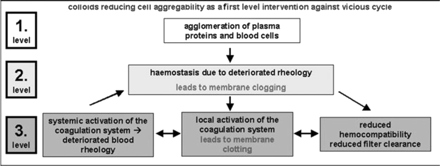Principle of the vicious cycle of deteriorated blood rheology and haemocompatibility. First and second levels could be counteracted by colloids reducing cell and plasma protein agglomeration; thrid level requires increasing anticoagulation.
