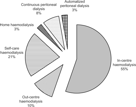 Distribution of the prevalent patients among dialysis modalities.