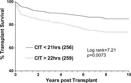 Effect of CIT on graft survival. Graft survival is censored for death.