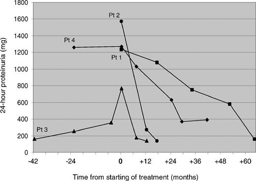  Results of measurements of 24-h proteinuria before and during treatment by RAS inhibition in four patients with MYH9 nephropathy. Patients 1, 2 and 3 were treated by combination therapy with ramipril plus an angiotensin receptor blocker, while patient 4 was treated by ramipril alone. Pt = patient. 