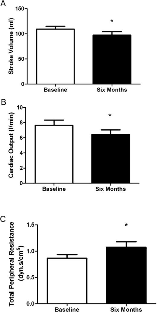 Change in cardiovascular function following a period of 6 months in non-exercising controls. Asterisk denotes significant change from baseline (P < 0.05). Data are presented as mean ± SEM.