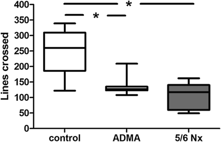 Effect of ADMA infusion (28 days) and 5/6 nephrectomy (28 days after surgical intervention; Nx) on locomotion of rats measured by the lines crossed in the holeboard test. Data are compared with locomotion of saline-injected control rats. Data presented as median (interquartile ranges); comparison between groups using ANOVA and Tukey's multiple comparison test, *P < 0.05.