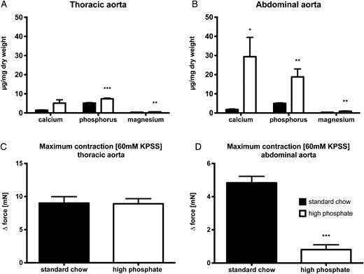 Chemical and functional evaluation of aortic media calcification. Mineral content was chemically measured by inductively coupled plasma mass spectrometry in the thoracic (A) and abdominal aorta (B) after 14 days on high-phosphate diet (white bars) or standard chow (black bars) (n = 10 in each group). The functional impact of this media calcification on vascular contractility was evaluated by wire myography in thoracic (C; n = 7 in each group), and abdominal aortic segments (D, n = 15 in each group) after 9 days on high-phosphate diet (white bars) or standard chow (black bars), respectively. * indicates a P-value <0.05, ** indicates a P-value <0.01 and *** indicates a P-value <0.001.