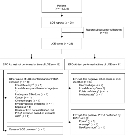 Outcomes of investigations of LOE reports. Ab, antibody; ICAC, Independent Case Adjudication Committee; EPO, erythropoietin; LOE, loss or lack of effect. aCause of LOE could not be confirmed by available laboratory data from the time of LOE for two cases with iron deficiency (one Ab testing not performed, one Ab-negative) and the Ab-negative case with folate deficiency reported as the cause of LOE. bBone marrow investigation was not suggestive of PRCA. cPRCA was excluded based on short duration of LOE (n = 3) or high reticulocyte count at time of LOE (n = 1). dPatient tested negative for anti-EPO Abs ∼6 months after LOE onset. eScreening failure. fBone marrow suggestive of PRCA in four cases; no bone marrow test for one case.