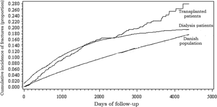 Cumulative incidence curves for fractures with death as competing end point.
