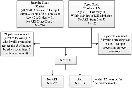 Diagram of subject recruitment and enrollment in the Sapphire and Topaz studies, and derivation of the final cohort for this study. AKI was defined as moderate to severe (KDIGO Stage 2–3) AKI.