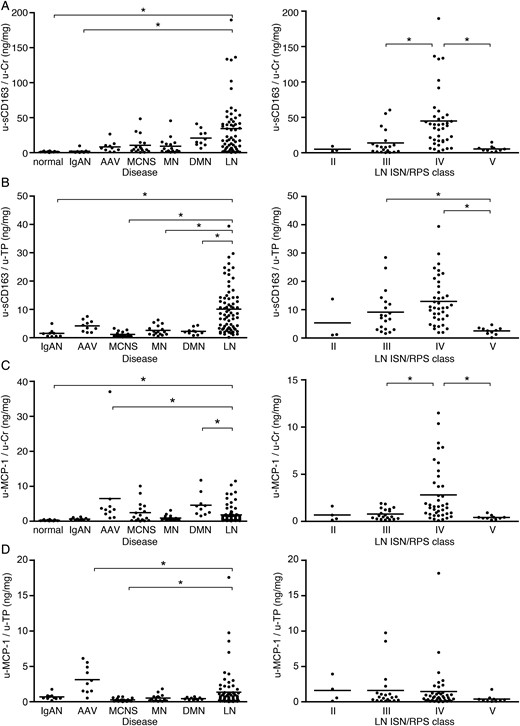 Urinary sCD163 and MCP-1 concentrations in various kidney diseases and LN. Urinary protein excretion of sCD163 (A and B) and MCP-1 (C and D) (u-sCD163 and u-MCP-1, respectively) corrected by urinary Cr or urinary total protein (u-Cr and u-TP) in renal diseases (left) and LN classified according to ISN/RPS criteria (right). Each patient is represented by a dot and the mean of each group is shown as a horizontal bar. *P < 0.05. In (B) and (D), data from normal subjects were excluded from the analysis because of the absence of proteinuria.