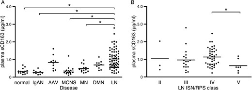 Plasma sCD163 and MCP-1 concentrations in various kidney diseases and LN. Plasma sCD163 concentrations in patients with kidney diseases (A) and LN classified according to ISN/RPS criteria (B); each patient is represented by a dot and the mean of each group is shown as a horizontal bar. *P < 0.05.