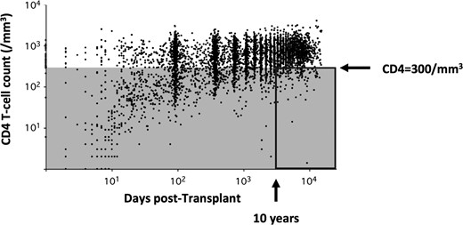CD4+ T-cell count trajectory after renal transplantation. Each dot depicts one of the 6595 CD4 T-cell counts performed in 1876 renal transplant recipients over time. Five hundred and thirteen patients of the cohort had at least two lymphocyte counts ≥10 years after transplantation. This study focussed on the 27 patients with a CD4+ T-cell count <300/mm3 (grey area) at least twice 1 year apart after 10 years of transplantation (delineated by a rectangle, prevalence of 5.26%).