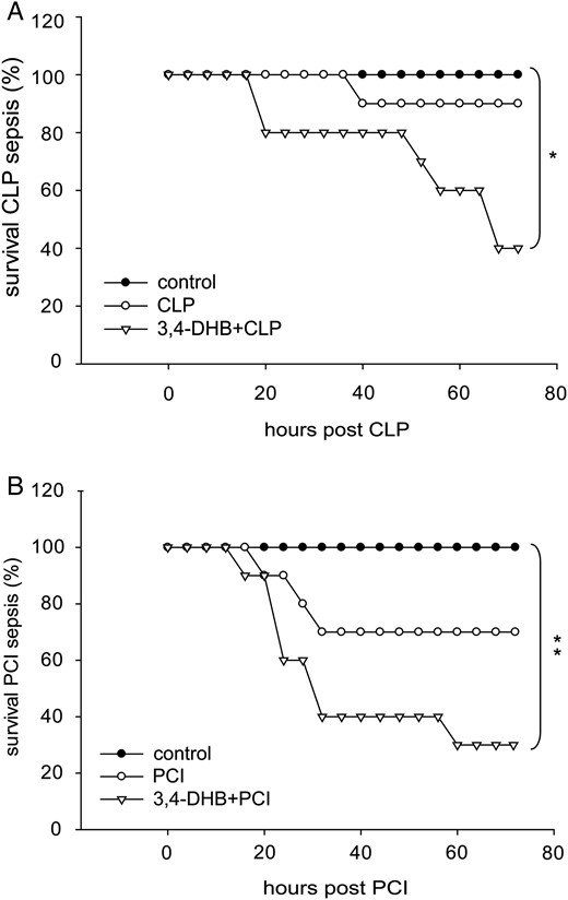 Effect of 3,4-DHB pretreatment on survival outcome in mice after polymicrobial sepsis induction. Survival was monitored every 6 h over a 72-h period. The mice were separated randomly into control groups representing the sham-operated mice or saline-injected control mice. CLP group, mice subjected to CLP sepsis; PCI, mice that underwent PCI sepsis; 3,4-DHB + CLP or 3,4-DHB + PCI, mice pretreated with 3,4-DHB inhibitor for 4 h, followed by CLP or PCI sepsis induction. Significance was calculated by Kaplan–Meier log-rank test. (A) Survival outcome in CLP-treated mice. PHD inhibition reduced survival (*P < 0.05 versus sham-operated mice). n = 10 per treatment. (B) Survival outcome in PCI-treated mice. Similar to CLP septic mice, preactivation of HIFs prior to sepsis was associated with worsening survival ability of the animals (*P < 0.05 versus saline control). n = 10 per treatment.