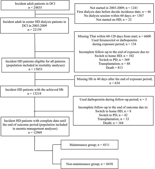 Flow diagram of in- and exclusion of study participants in the maintenance and non-maintenance IV iron administration strategy groups. CI, confidence interval; DCI, Dialysis Clinic Inc.; HD, hemodialysis; PD, peritoneal dialysis; TSat, transferrin saturation; Hb, hemoglobin.